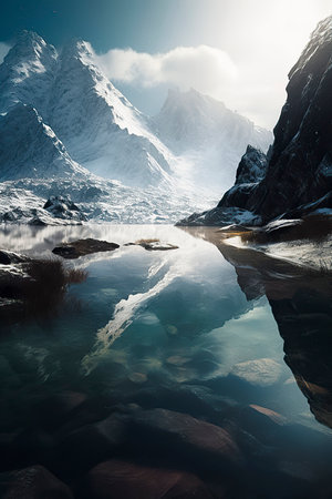 Majestic Mountain Wonderland: A Sunny Day at the Pristine Lake in the High Wildernessの素材