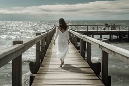 Brunette Beauty in White: A Serene Evening Stroll on the Wooden Pier by the Oceanの素材