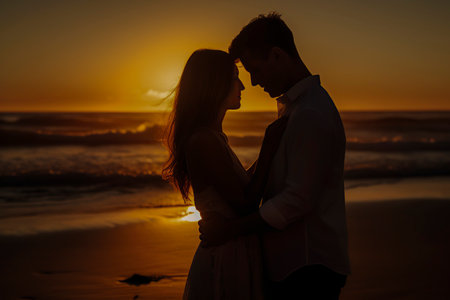 A Tranquil Sunset Embrace: Young Couple Sharing Love and Serenity on the Beach at Duskの素材