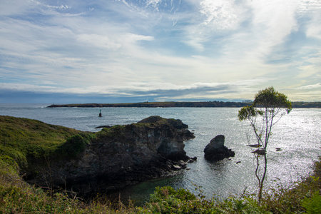 Coastline View: Lighthouse on Horizon Under Blue Skyの写真素材