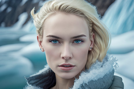 Blonde Nordic Beauty in a Stylish Winter Coat: Exploring the Icy Wonders of the Glacierの素材