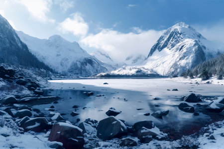 Winter s Majesty: Snow-Covered Mountains Overlooking a Frozen Lakeの素材