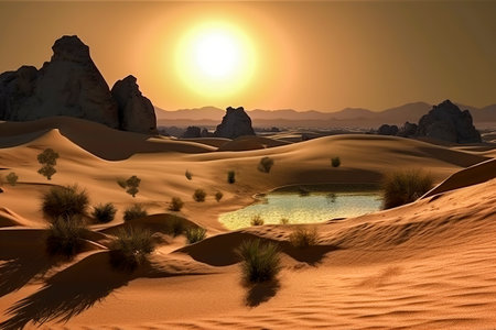 Arid Wilderness Retreat: A Rocky Terrain Oasis Offers Serene Respite on a Sunny Desert Dayの素材