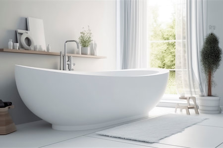 Luxury and Comfort: A Modern Bathroom with a Freestanding Bathtub and Nature Viewの素材