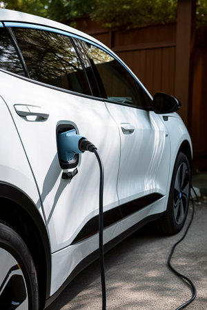 Efficient and Eco-Friendly: A White Electric Car Charges Up, Leading the Way in Clean Energyの素材