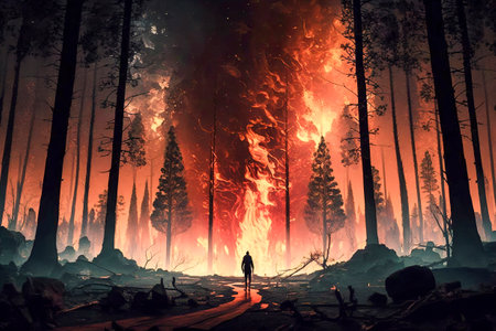 A Person Walking on a Path Towards a Raging Forest Fire Under a Dark Skyの素材