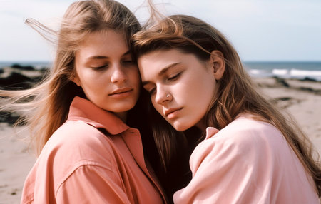 LGBTQ Romance on the Shoreline: A Same-Sex Couple's Affectionate Hug by the Sea, Advocating for Equalityの素材