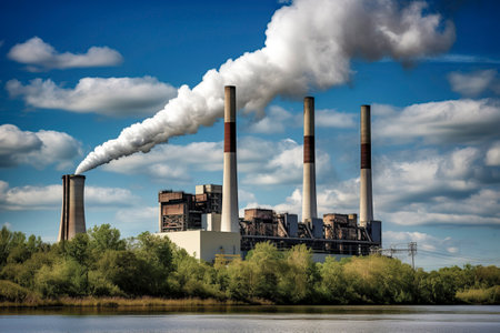 Pollution Impact: Harmful Emissions from an Industrial Plant Affecting the River and Air Qualityの素材