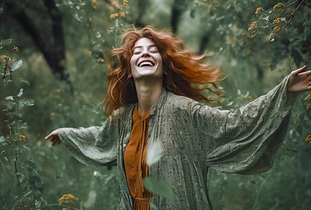 Enchanted by Nature: A Joyful Redhead Finds Freedom and Happiness in the Serene Forestの素材