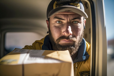 Bearded Delivery Man: Swiftly Handling Packages Inside a Van, Ensuring Efficient Express Deliveriesの素材