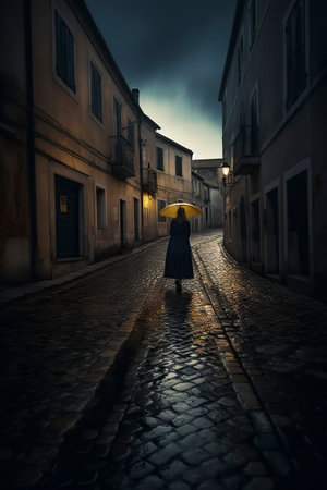 Rainy Evening Stroll: Woman with Yellow Umbrella Wandering Down Cobblestone Street in the Villageの素材