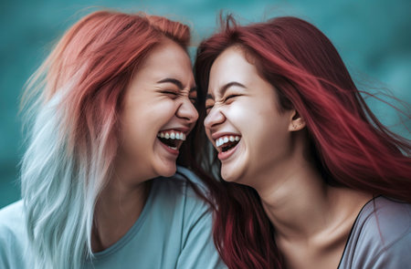 Dynamic Duo: Two Joyful Asian Redheads Share Laughter and Happiness in a Heartwarming Friendship Momentの素材