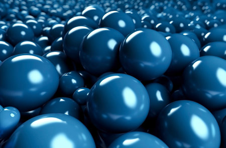 Dynamic 3D Rendering: A Multitude of Blue Spheres in Varied Sizes Creating Abstract Visual Harmonyの素材