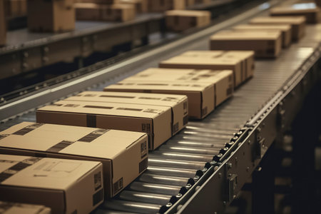 Efficient Package Handling: Conveyor Belt in a Busy Warehouse Distributing Parcels for Shipmentの素材