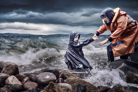 Courage Amidst the Tempest: A Heroic Woman Rescues a Child from Stormy Seas in a Refugee Crisisの素材