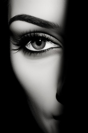 Mystery in Monochrome: Close-Up of a Woman s Eye in High Contrastの素材
