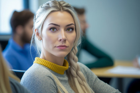 Academic Ambition: A Beautiful Blonde College Student Engages in a Thoughtful Classroom Discussioの素材