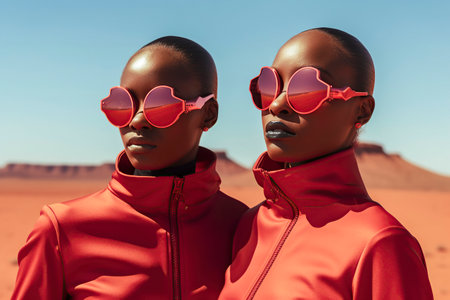 Futuristic Fashion in the Desert: Two Figures in Red Outfits and Unique Sunglassesの素材