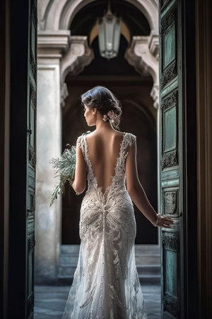 Elegant Bride in a Beaded Wedding Dress Standing in an Ornate Doorwayの素材