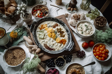 A Feast for the Eyes: Table Spread with Various Dishes and Fresh Ingredientsの素材