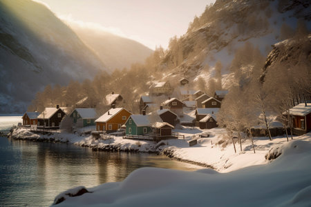 Picturesque Alpine Retreat: Wooden Homes Nestled Amidst Snowy Peaks and Crystal Watersの素材