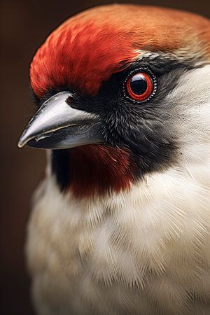 Close-Up Beauty: Majestic Red-Crested Bird with Vivid Plumage Perched Against Blurred Brown Backgrounの素材
