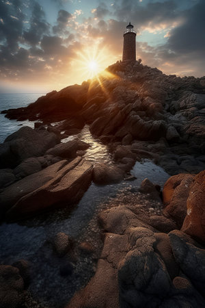 Serene Sunset: Warm Glow Casts Long Shadows on a Rocky Lighthouse Shoreの素材