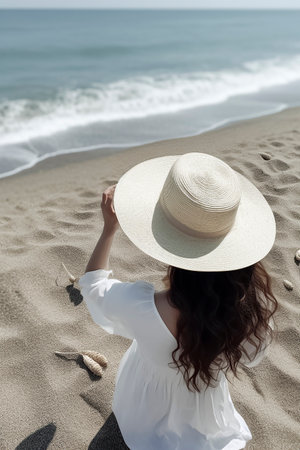 Woman in White: A Serene Moment on a Sandy Beachの素材