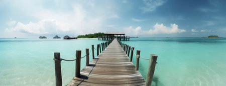 Serene Panorama: Wooden Pier Leading to a Thatched-Roof Hut Over Turquoise Oceanの素材