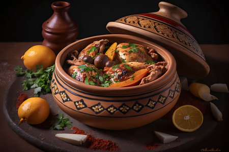 Savoring Moroccan Delights: A Tagine Dish with Chicken, Olives, and Lemonの素材