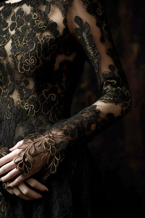 Elegance in Detail: A Close-Up of a Black Lace Dress with Gold Floral Embroideryの素材