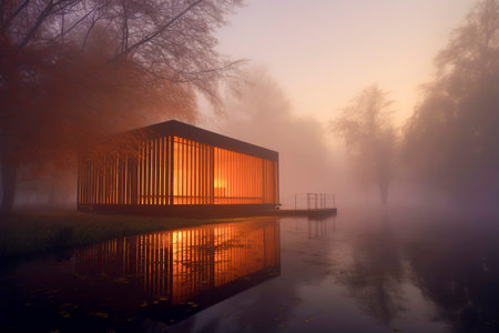 Serene Solitude: A Modern Wooden Cabin on a Foggy Lake in Autumnの素材