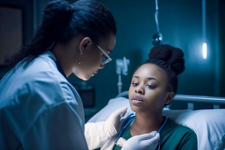 Compassionate Care: Medical Professional Attending to a Patient in a Hospital Bedの素材