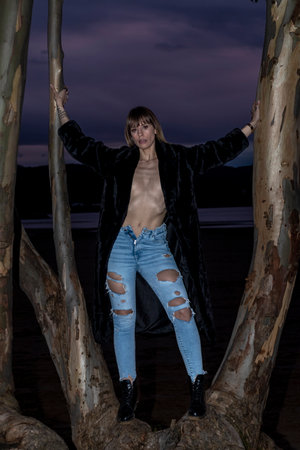 Woman in Ripped Jeans and Fur Coat Posing in Tree at Duskの写真素材