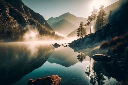 Sunrise Over Serene Mountain Lake: A Study in Tranquilityの素材