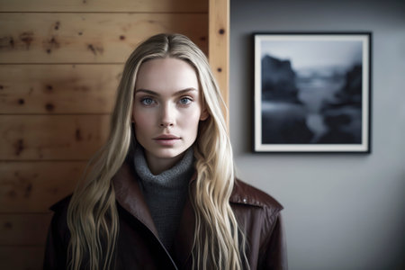 Person in Leather Jacket Standing by Wooden Wall with Framed Coastal Photographの素材