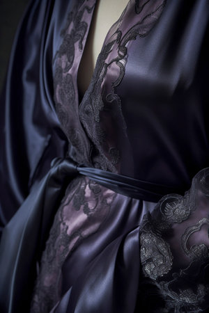 Sophisticated Fashion: Dark Blue Satin Robe with Black Lace Accentsの素材