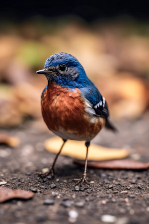 Small Blue and Orange Bird in Natural Setting with Fallen Leavesの素材