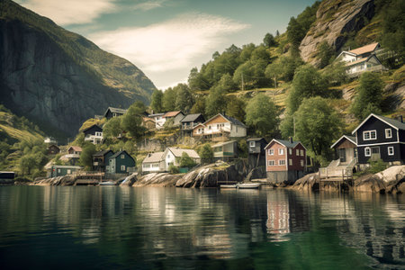 A Serene Village: Colorful Houses Nestled on the Edge of a Fjordの素材
