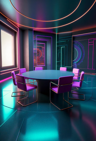 Futuristic Meeting: A High-Tech Conference Room in Neon Lightsの素材