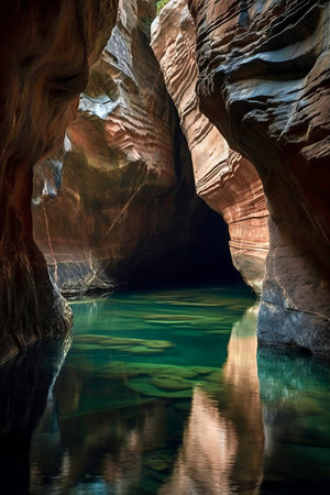 A River s Journey: Winding Through a Narrow Canyon Under the Warm Glow of the Sunの素材