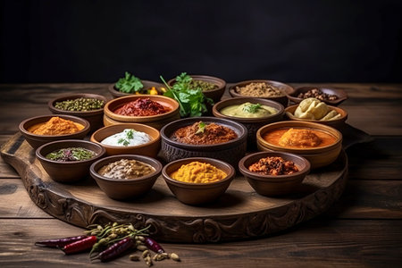 Culinary Colors: A Variety of Vibrant Dips and Sauces Served in Clay Bowlsの素材