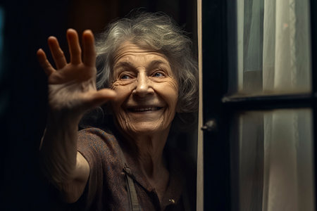 elderly woman waving from a windowの素材