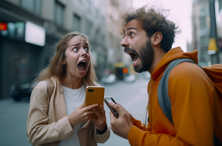 City Life Captured: Two Individuals Engrossed in Their Phones on a Busy Streetの素材