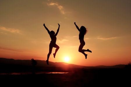 Celebrating Freedom: Two Figures Jumping in the Air Amidst a Mountainous Sunsetの素材