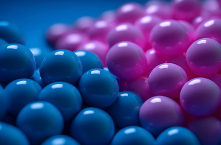 Colorful Chaos: A Close-Up of Pink and Blue Spheres in Playful Disarrayの素材