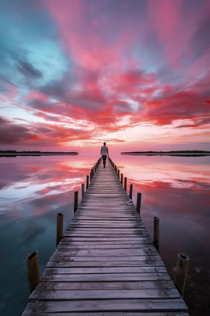 Serene Sunset: A Lone Figure Contemplating on a Wooden Pierの素材