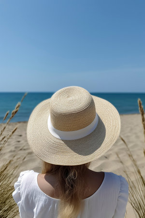 Seaside Serenity: An Unidentified Individual in a Straw Hat Faces the Seaの素材