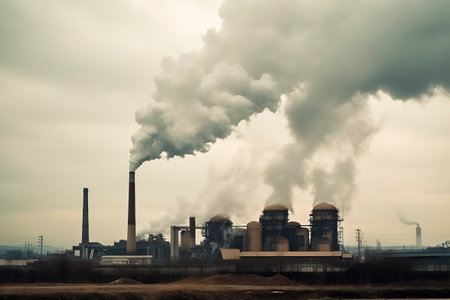 Industrial Powerhouse: Smoke Billowing from a Power Plant Amidst Cityscapeの素材