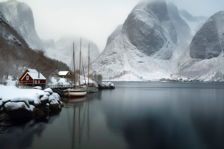 A Winter s Tale: A Red Cabin and Wooden Sailboat in a Snowy Fjordの素材